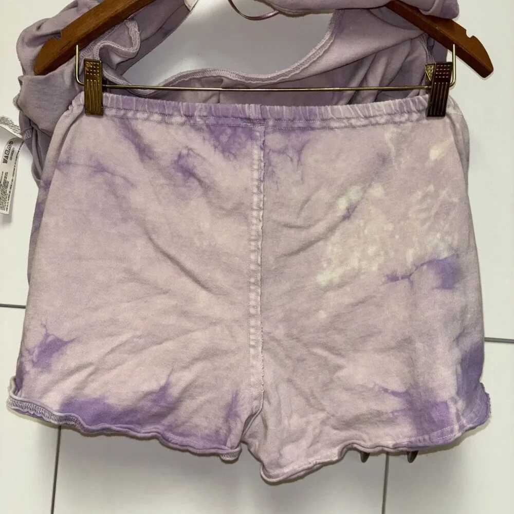 FREE PEOPLE JUST BE CHILL CUSTOM TIE DYE SET Purple Shorts Top S Cotton Pockets